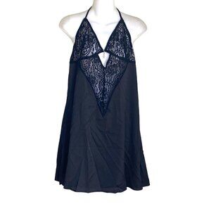 Feminine Sheer sensual lace Plus Size Black Halter Neck Slip Lingerie Dress 2XL